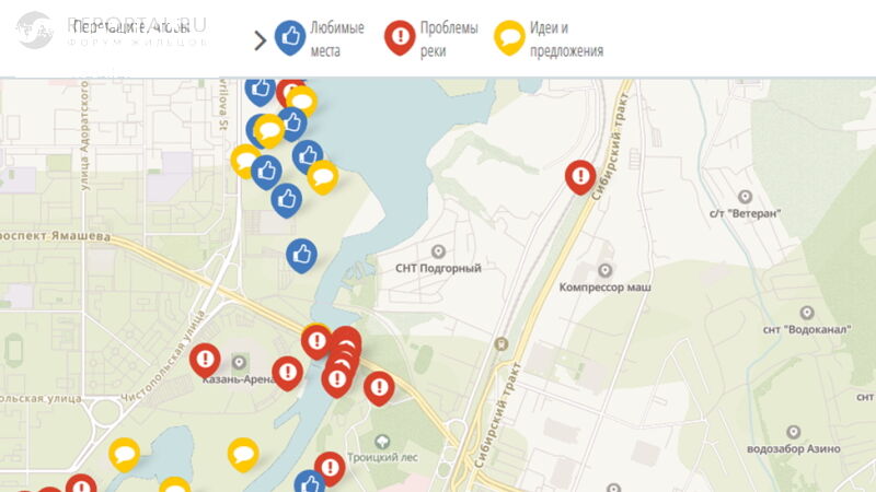 На карте сразу видно все проблемные места (выделено красным), идеи и предложения (желтым) и любимые места (синим)